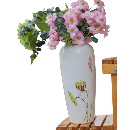 Camilia and Eucalyptus artificial plant and Japanese Ceramic painted vase