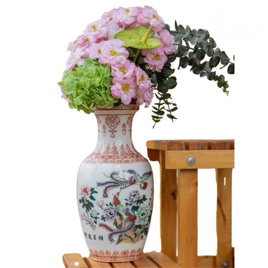 Camilia and Eucalyptus artificial plant and Chinese ceramic painted vase